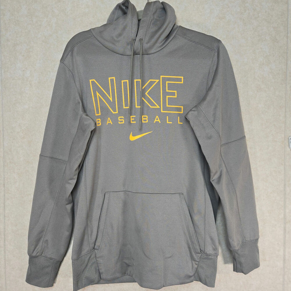 Nike Baseball Therma-FIT Mens Small Gray Yellow Pullover Hoodie Sweatshirt